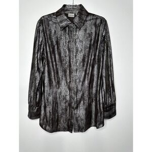 Chicos Button up Shirt Size L Brown Snakeskin Print Metallic Long Sleeve